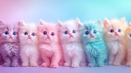 A lineup of adorable fluffy kittens flaunts their pastel coats, radiating charm and cuteness in an enchanting display of colors that captivates hearts everywhere