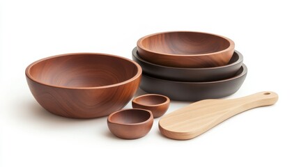 Set of wooden bowls and a spatula arranged aesthetically on a clean background, ideal for culinary use