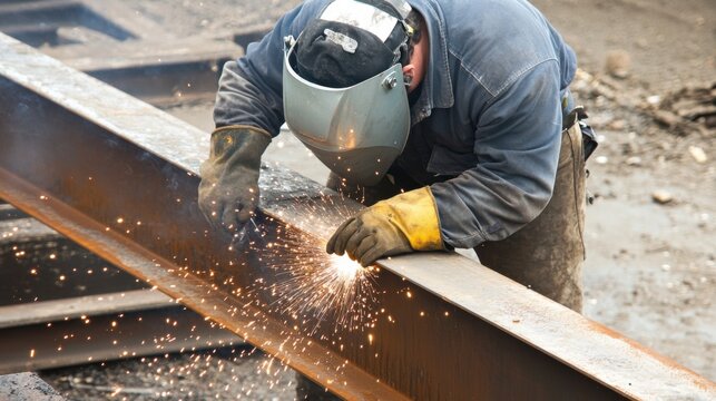 A close-up of an ironworker welding steel beams, with sparks flying and protective gear visible, looking at the camera
