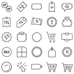 Discount thin line icon vector set. Containing up and down percentage, label, price tag, coupon, special promo, promotion, fast offer, sale product, sell, sticker, badge, shopping tag, 