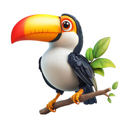 Naklejka premium Colorful Cartoon Toucan Sitting on Branch with Leaves