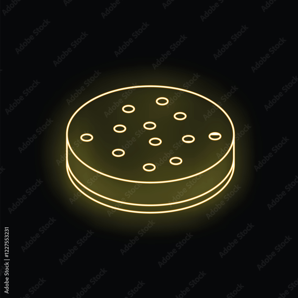 Poster yellow glowing neon icon of a smart speaker assistant recording voice commands on a black background