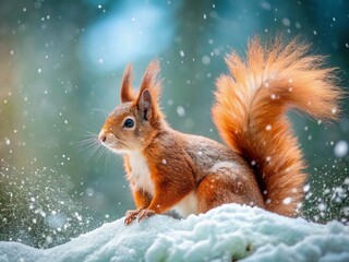 Adorable Red Squirrel in Winter Wonderland: Snowfall and Fluffy Tail