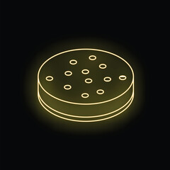 Yellow glowing neon icon of a smart speaker assistant recording voice commands on a black background