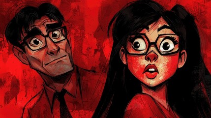 Shocked couple, red background, suspense, illustration, graphic novel