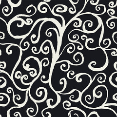 Obraz premium Hand drawn abstract monochrome black and white botanical seamless pattern with rough edges swirls. Rustic floral silhouettes repeat wallpaper.