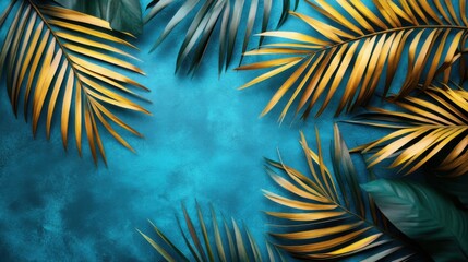 Naklejka premium Tropical Leaves Arrangement on Vibrant Aqua Background with Gold and Green Ferns Aesthetic Display