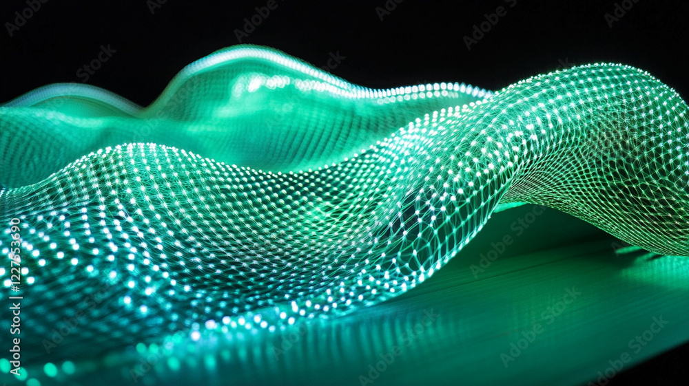 Poster abstract representation of flowing green light waves creating a digital landscape in a dark setting