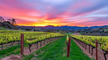 Vibrant Vineyard Landscape during Stunning Sunset in Napa Valley