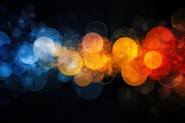 An energetic abstract visual featuring a series of colorful orbs in blue, orange, and white against a dark background, exuding a fun and lively atmosphere.