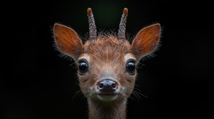 Fototapeta premium Adorable young deer portrait, forest background, wildlife photography, nature print
