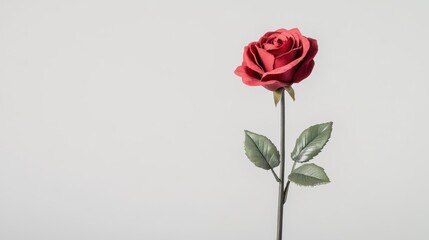 Fototapeta premium Single Red Rose on a Minimalist Background with Green Leaves