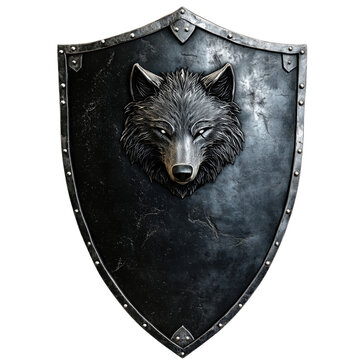 Dark medieval shield with a fierce silver wolf emblem, featuring battle scars and a rugged design, isolated on a transparent background. Perfect for fantasy and warrior themes.