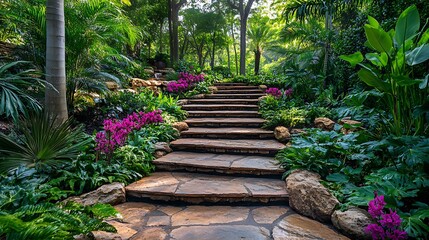 Stone Steps in Lush Garden: A picturesque pathway of natural stone steps winds upward through a vibrant, tropical garden, flanked by lush foliage and vibrant purple flowers.