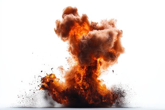 A powerful explosion erupts, sending fiery flames and billowing smoke into the air, creating a dramatic scene that captures the force of an explosion beautifully.