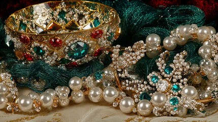 Elegant Jewelry Display with Pearls and Colorful Gemstones