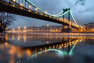 A stunning view of a brilliantly lit bridge at night showcases the captivating reflection in the calm water, highlighting urban beauty and architectural design.