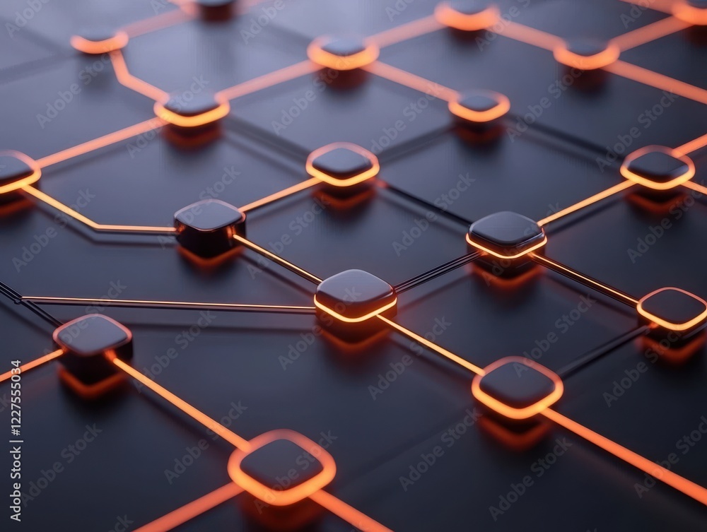 Poster a futuristic network design featuring interconnected nodes highlighted by glowing orange lines again