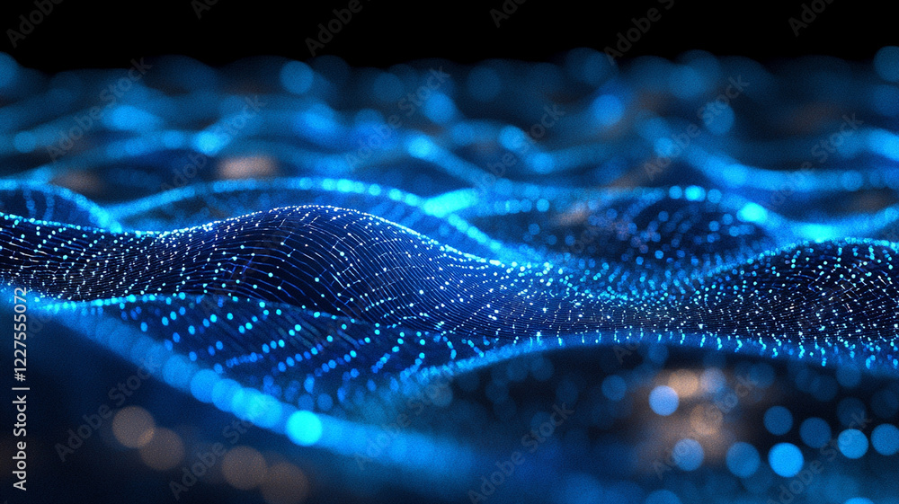 Poster abstract representation of flowing blue waves created by glowing particles in a dark background