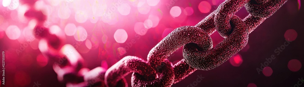 Poster a close-up image of a metallic chain, illuminated with vibrant red and pink lights, creating a drama