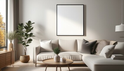 Frame mockup, ISO A paper size. Living room wall poster mockup. Interior mockup with house background. Modern interior design. 3D render