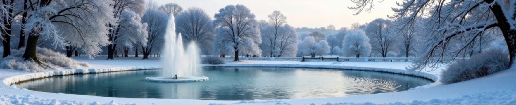 Snowy landscape of Weimar Ilmpark with frozen fountain and bare trees, ilmpark, frosty