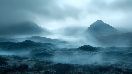 Photography capturing the mystical beauty of a foggy Highland morning, with soft light filtering through the clouds and revealing layers of distant hills.