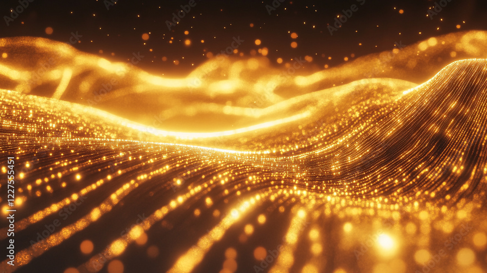 Poster abstract golden waves of light and particles creating a mesmerizing digital landscape at dusk