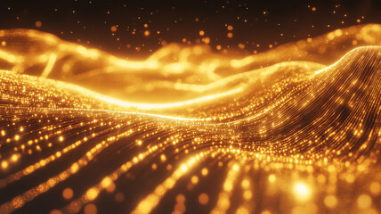 Obraz premium Abstract golden waves of light and particles creating a mesmerizing digital landscape at dusk