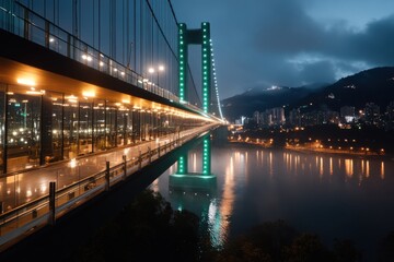 Naklejka premium An exquisite view where a well-lit bridge stretches over reflective waters, encapsulating the beauty of urban architecture harmonized with nighttime serenity.