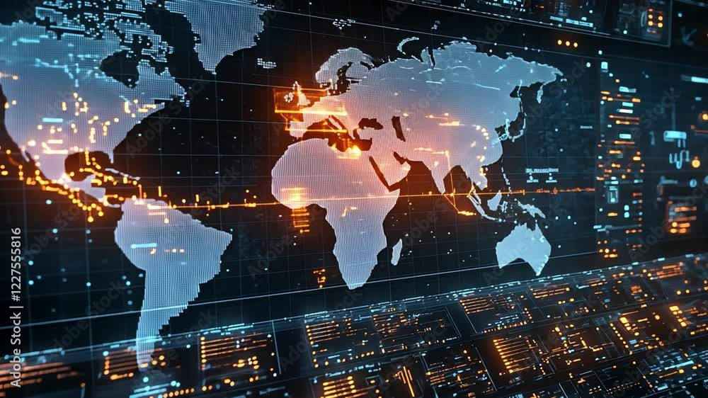 Poster visualization of a digital world map with glowing data patterns illustrating global connectivity