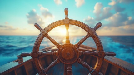 Wooden ship wheel at sunset, ocean view.