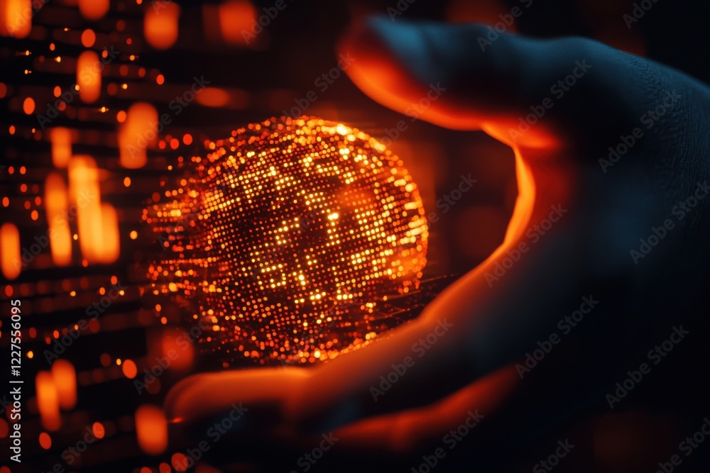 Poster a glowing, digital sphere is held in a hand against a backdrop of luminous data streams, symbolizing