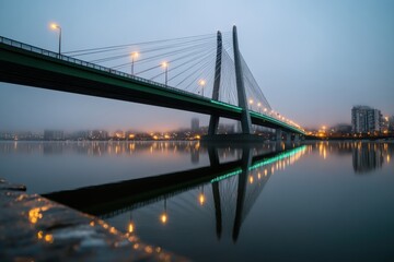 Obraz premium A serene image of a modern bridge surrounded by fog, mirrored in the still waters below, conveying a sense of calm and tranquility in an urban setting.