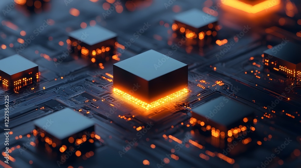 Poster glowing cube grid - abstract 3d of digital business assets