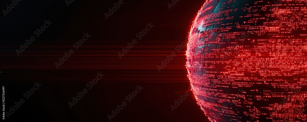 Aufkleber a glowing red spherical shape with digital patterns, set against a dark background, suggesting theme
