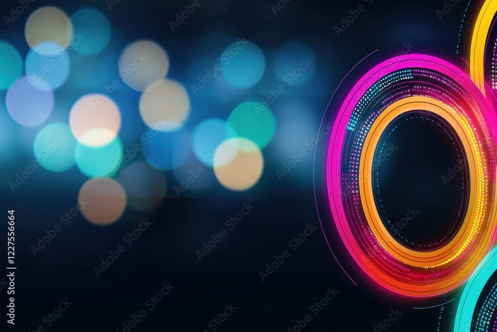 Poster a vibrant display of colorful circular lights against a blurred dark background, creating a dynamic 