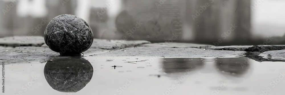 Poster a single, textured rock sits by a puddle, creating a reflection. the monochromatic scene is simple, 