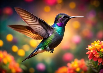 Fototapeta premium Adorable Tiny Black Hummingbird with Bokeh Background - Wildlife Photography