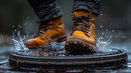 Yellow boots splashing in puddle.