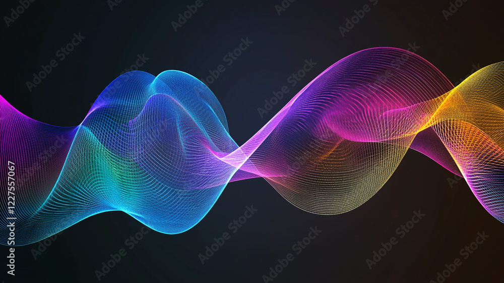 Poster colorful abstract waves of light creating a dynamic flow on a dark background, ideal for design use