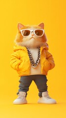 Fototapeta premium A fashionable cat stands upright wearing trendy sunglasses and a yellow jacket with a thick chain around its neck.
