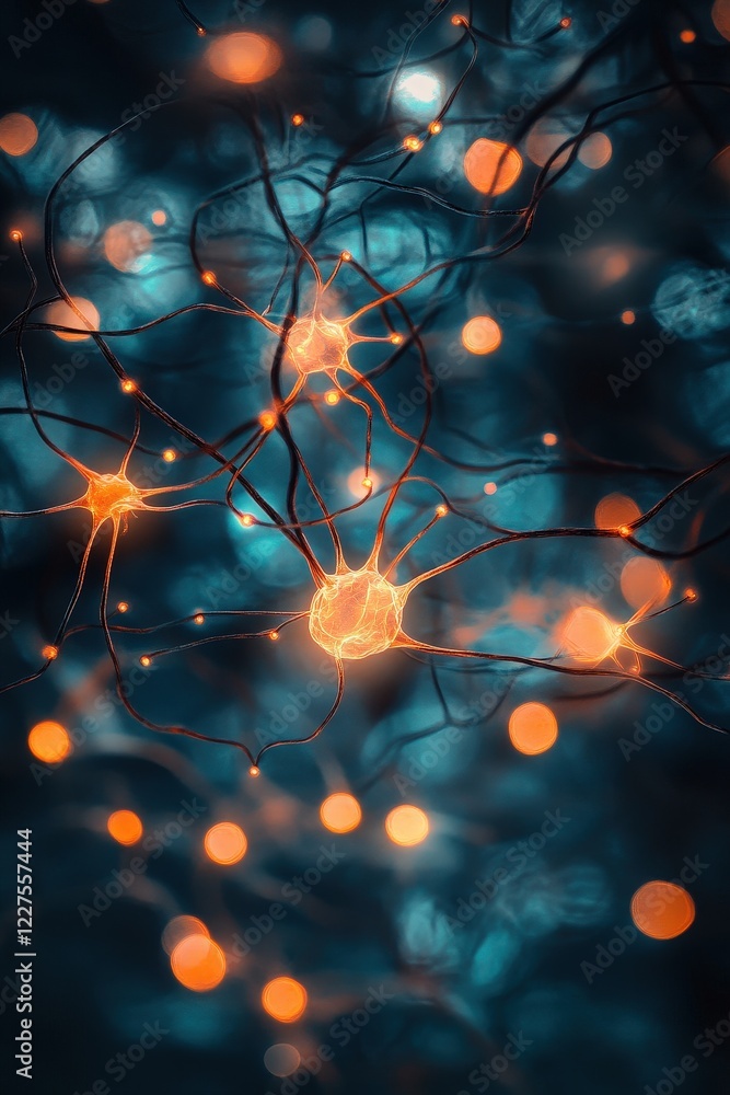 Poster neurons and synapses in a vibrant abstract representation of neural connections, showcasing technolo