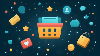 Flat vector design showing integration of online shopping platforms and social media ads, minimal background with text area