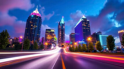 Obraz premium Vibrant City Skyline at Night with Colorful Lights and Traffic Flow