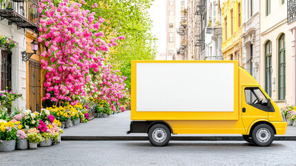 Bright yellow delivery truck parked on a flower-lined street in springtime, mockup
