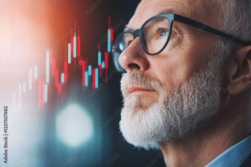 Poster man analyzing financial data in a modern office environment with stock market graphs illuminated beh