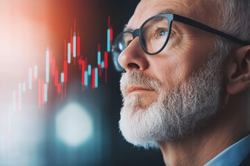 Man analyzing financial data in a modern office environment with stock market graphs illuminated behind him