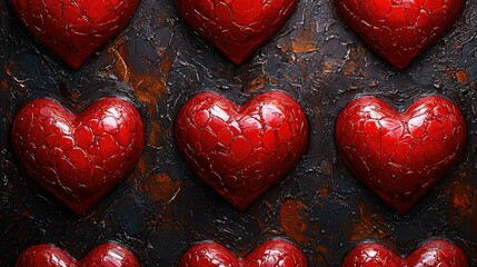 Fototapeta premium Red Hearts Art Pattern on Dark Background