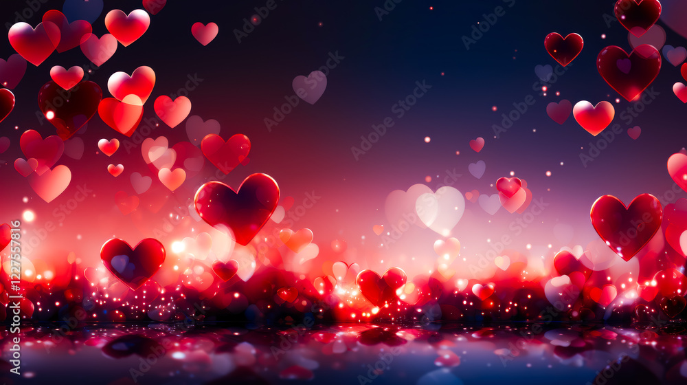 Poster colorful hearts float in a dreamy background filled with sparkling light and soft colors during a ro